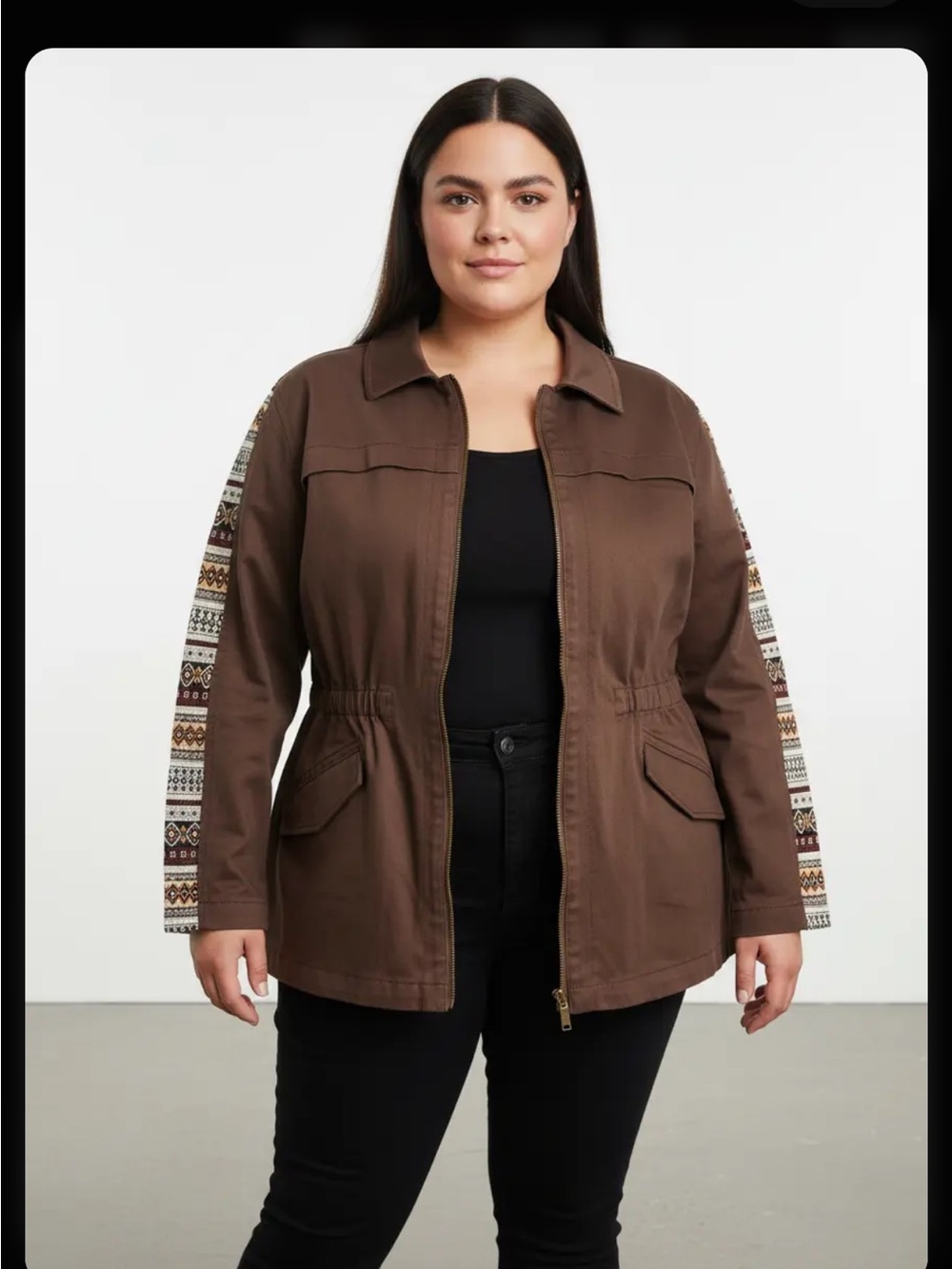 DG2 by Diane Gilman Brown Zip-Front Jacket, Aztec Patterned Sleeve Stripes, NWT